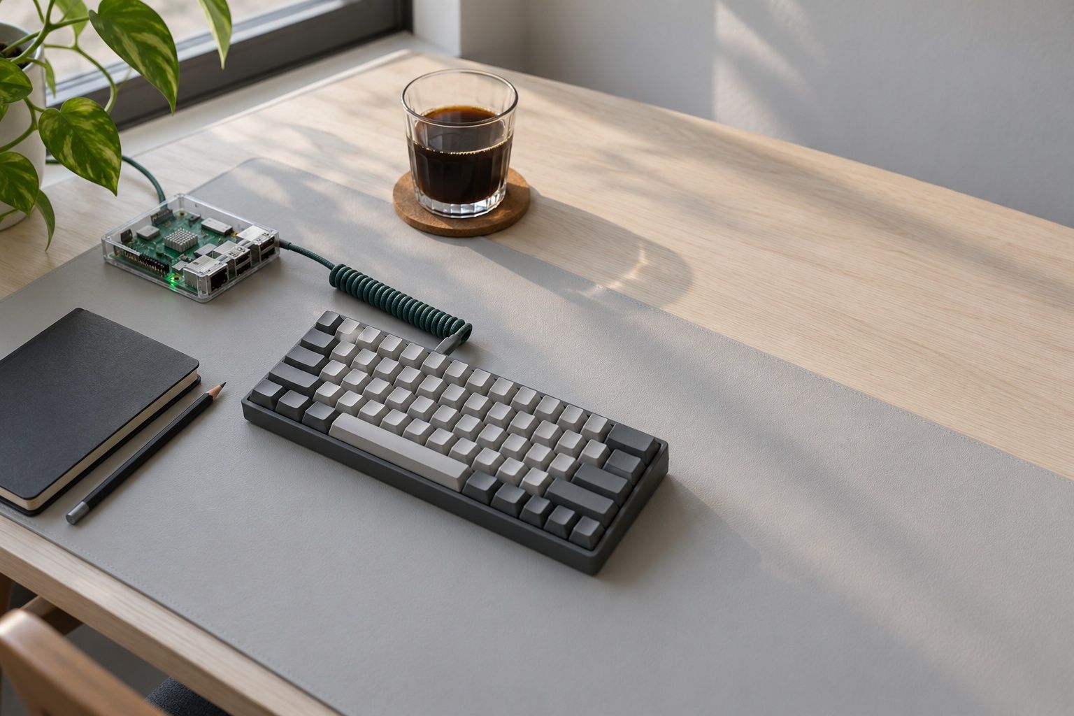 A calm desk from above: grey keyboard, a small circuit board with a green light, a notebook, a pencil and a glass of black coffee