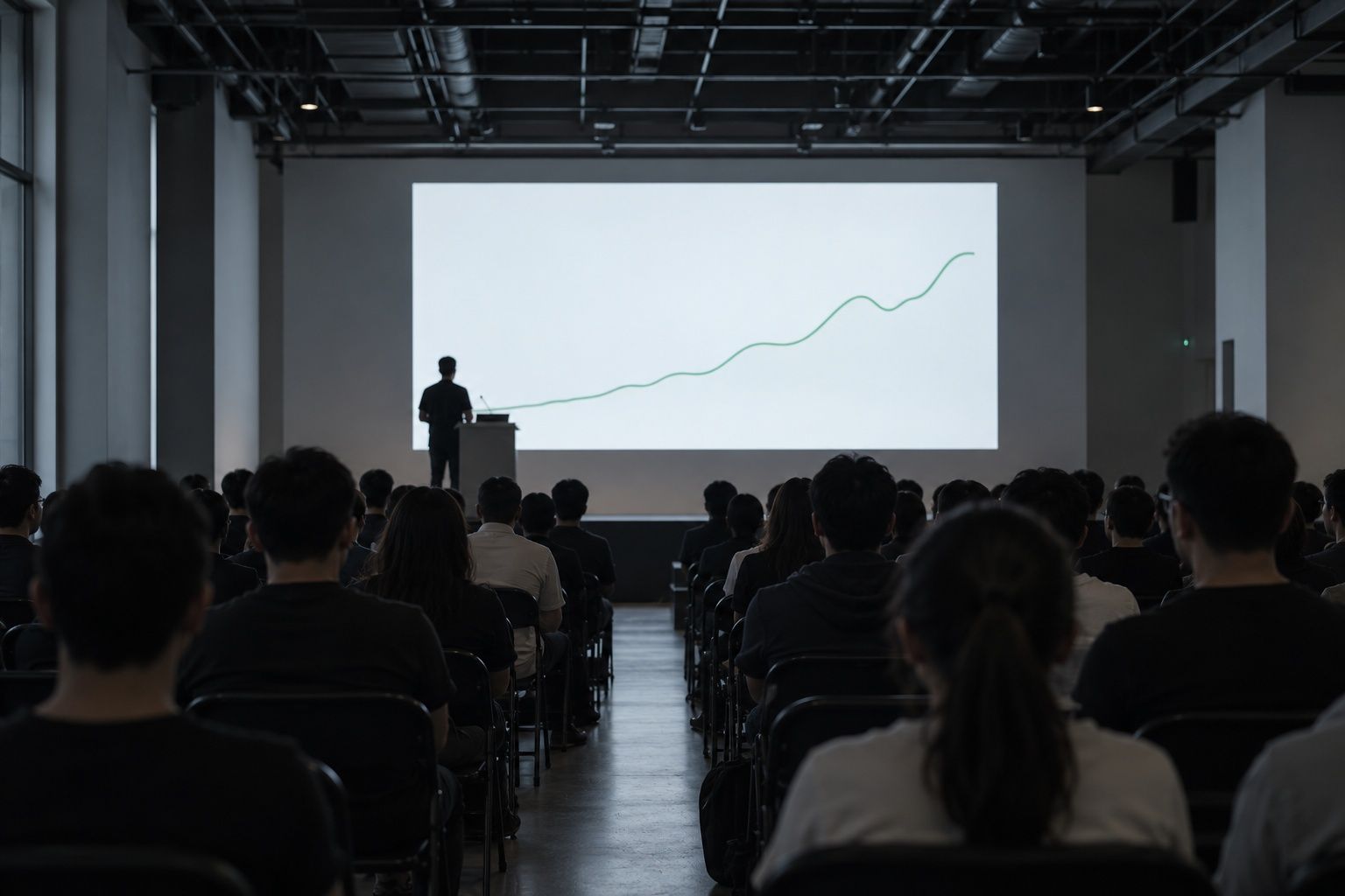 A dim meetup hall seen from the back row, a distant speaker beside a lectern and a bright screen with a thin green line